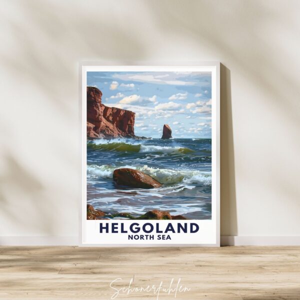 Schönerfühlen Poster von Helgoland im weißen Holzrahmen auf Boden stehend