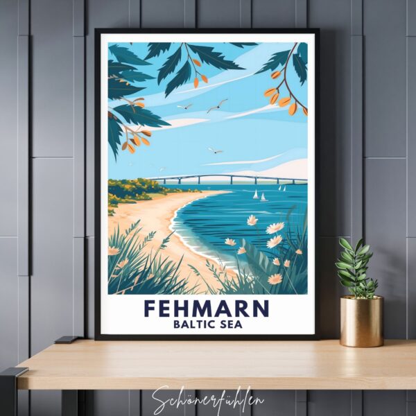 Schönerfühlen Poster von Fehmarn im schwarzen Rahmen auf Tisch stehend