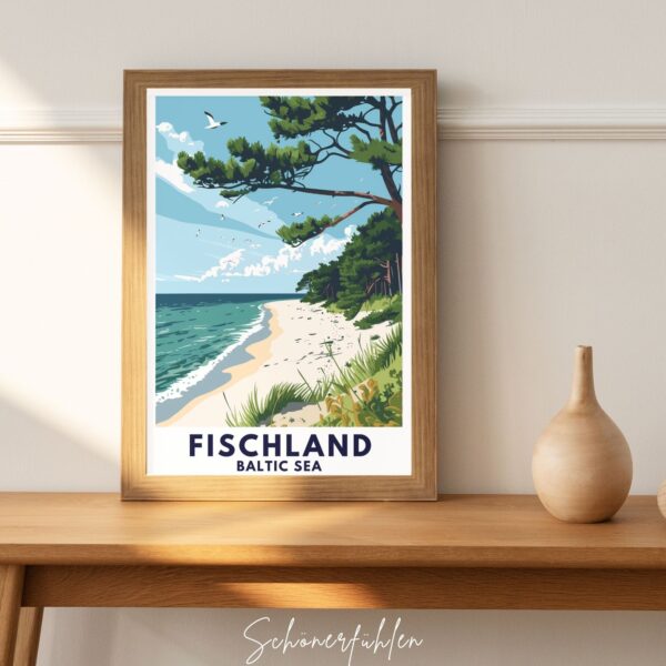 Schönerfühlen Poster von Fischland-Darß-Zingst im Holzrahmen auf Tisch stehend