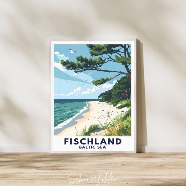 Schönerfühlen Poster von Fischland-Darß-Zingst im weißen Holzrahmen auf Boden stehend