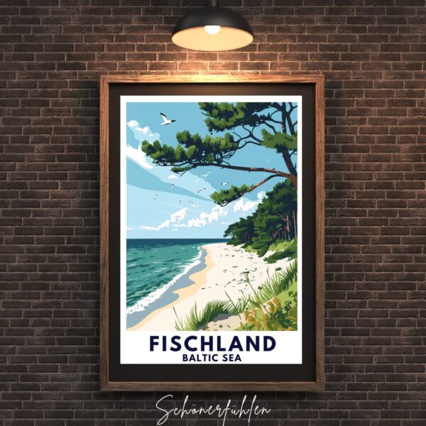 Schönerfühlen Poster von Fischland-Darß-Zingst im dunklen Holzrahmen an Steinwand hängend