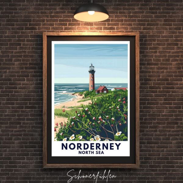 Schönerfühlen Poster von Norderney im dunklen Holzrahmen an Steinwand hängend