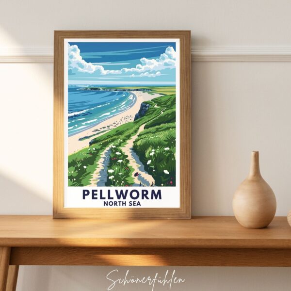 Schönerfühlen Poster von Pellworm im Holzrahmen auf Tisch stehend