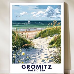 Hochwertiges Travelposter mit Grömitz-Motiv in verschiedenen Größen von 13 x 18cm bis 60 x 90cm auf mattem FSC-zertifiziertem Premiumpapier. 
