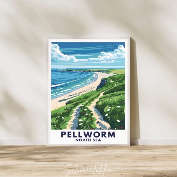Schönerfühlen Poster von Pellworm im weißen Holzrahmen auf Boden stehend