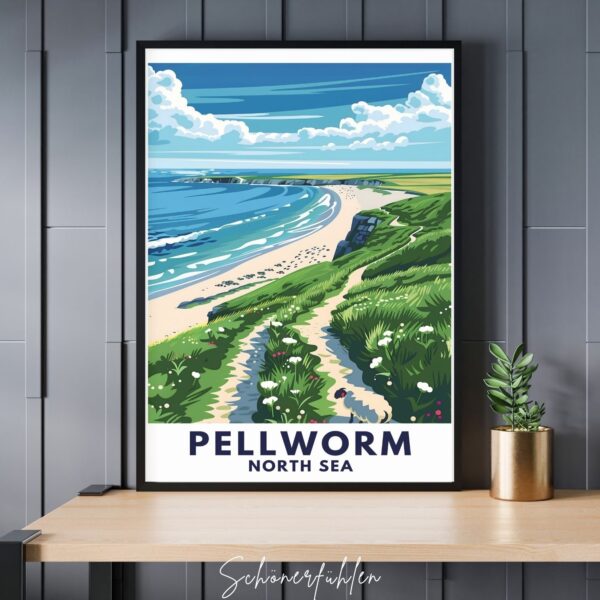 Schönerfühlen Poster von Pellworm im schwarzen Rahmen auf Tisch stehend