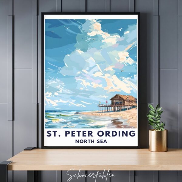 Schönerfühlen Poster von St. Peter Ording im schwarzen Rahmen auf Tisch stehend