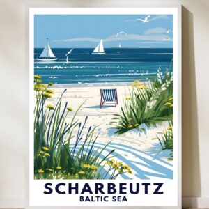 Hochwertiges Travelposter mit Scharbeutz-Motiv in verschiedenen Größen von 13 x 18cm bis 60 x 90cm auf mattem FSC-zertifiziertem Premiumpapier. 