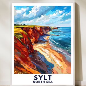 Hochwertiges Travelposter mit Sylt-Rotes-Kliff-Motiv in verschiedenen Größen von 13 x 18cm bis 60 x 90cm auf mattem FSC-zertifiziertem Premiumpapier. 