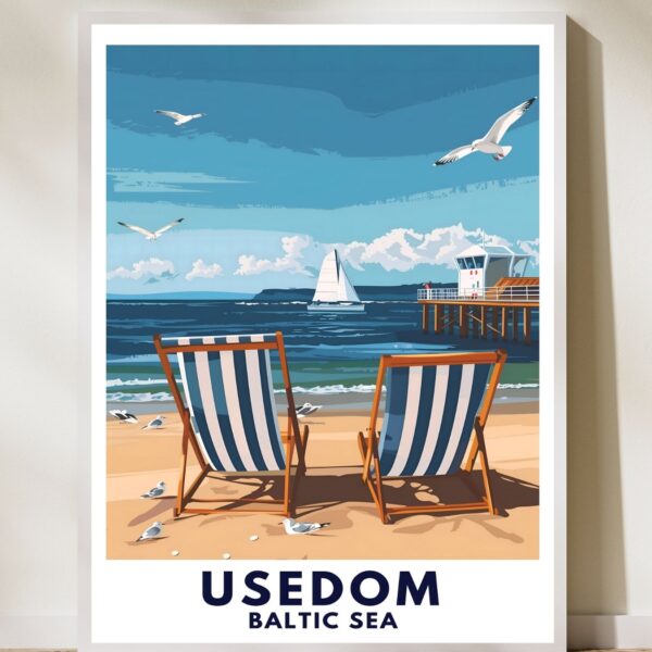 Hochwertiges Travelposter mit Usedom-Motiv in verschiedenen Größen von 13 x 18cm bis 60 x 90cm auf mattem FSC-zertifiziertem Premiumpapier. 