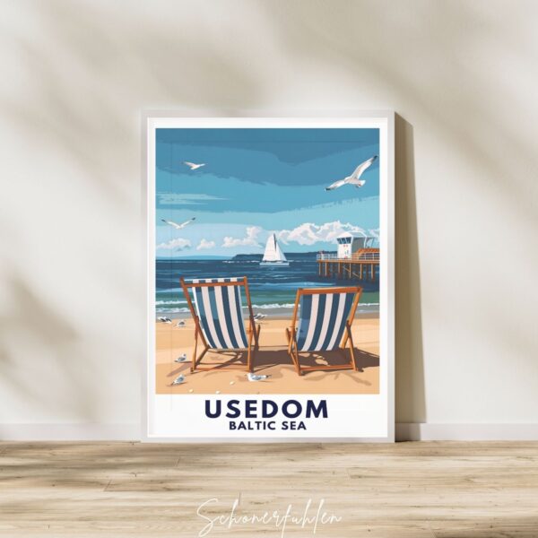 Schönerfühlen Poster von Usedom im weißen Holzrahmen auf Boden stehend