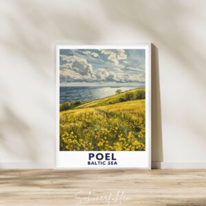 'Schönerfühlen Poster von Poel-Rapsfeld im weißen Holzrahmen auf Boden stehend