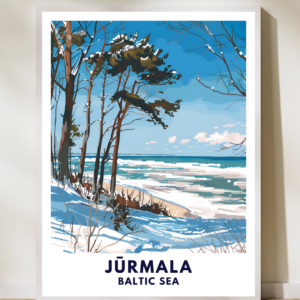 Hochwertiges Travelposter mit Jūrmala-Motiv in verschiedenen Größen von 15 x 20cm bis 60 x 90cm auf mattem FSC-zertifiziertem Premiumpapier. 