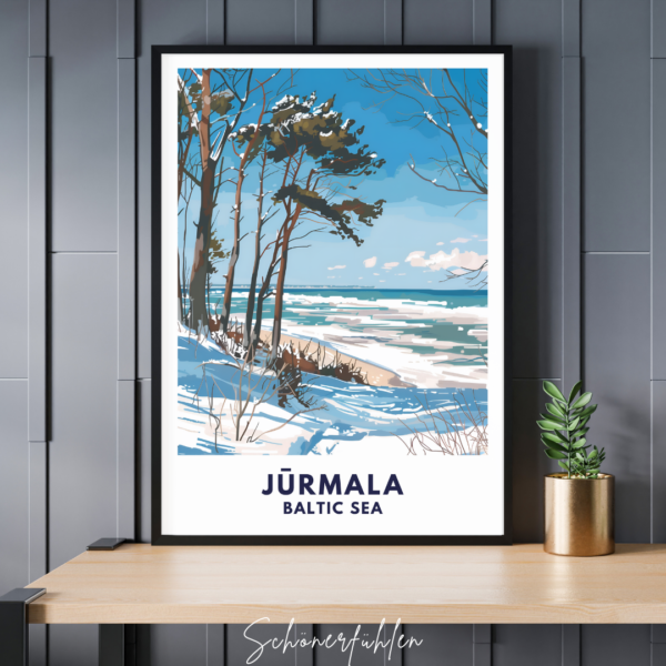 Schönerfühlen Poster von Jūrmala im schwarzen Rahmen auf Tisch stehend