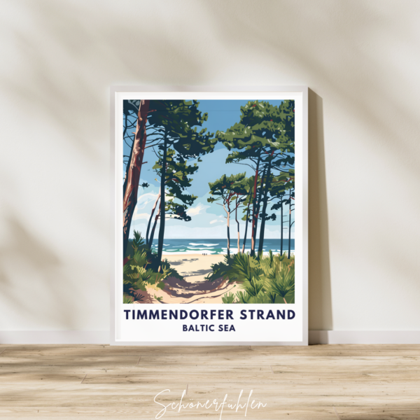 Schönerfühlen Poster von Timmendorfer Strand im weißen Holzrahmen auf Boden stehend