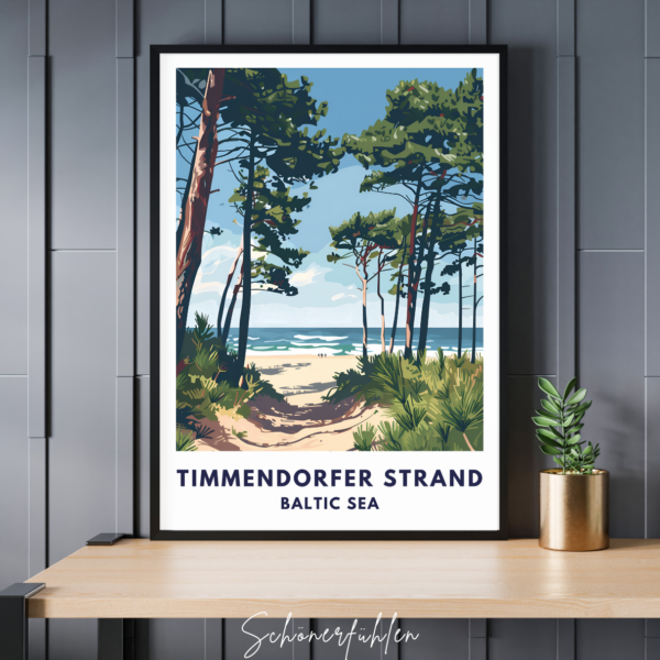 Schönerfühlen Poster von Timmendorfer Strand im schwarzen Rahmen auf Tisch stehend